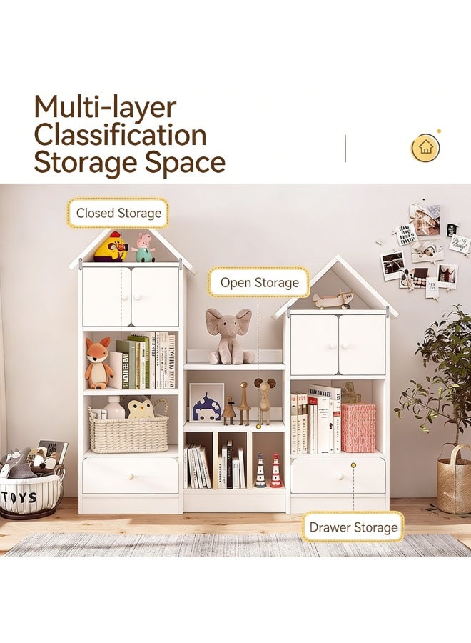 Kids Bookshelf and Toy Storage, House-Shaped Bookcase with Cabinets & Open Shelves, Multifunctional Kids Storage Organizer for Nursery, Playroom, Bedroom, SGG049, White - Image 4